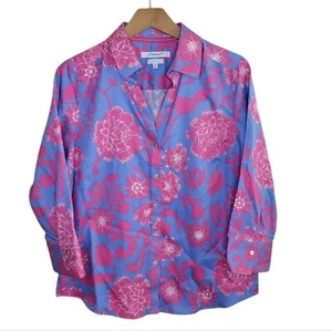 Foxcroft | Mary Floral Wrinkle Free Button Front Shaped Shirt Blue Pink Size 10 - Picture 1 of 5