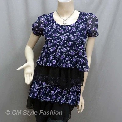 Top túnica babydoll floral de gasa con capas negro azul XS Foto 1 de 4