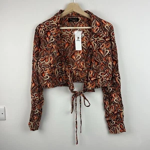 Urban Outfitters Shirt Womens Small Orange Tie Front 70s Hearts Hippy Cover Up - Picture 1 of 16
