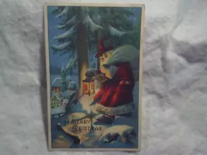 1910 BABBO CLAUS BORSA DI GIOCATTOLI UNA CARTOLINA DI BUON NATALE, chiesa, lanterna, scarpa blu - Foto 1 di 2