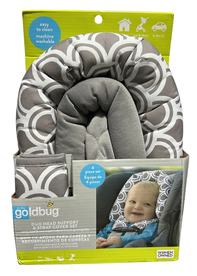  GOLDBUG GRAY & WHITE DUO HEAD SUPPORT & STRAP COVER SET CAR SEAT/STROLLER - Image 1 of 2