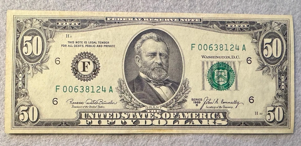 Rare 1969-B $50 Federal Reserve Note (Fr 2116-F) Atlanta only 512k printed - Image 1 of 2