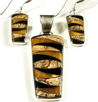 JUEGO DE PENDIENTES Y COLGANTES 925 OJO DE TIGRE JASPE ÓNIX A JUEGO 11,6g Foto 1 de 3