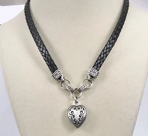 Brighton KING'S ROAD Black Braid Leather Silver Etch Heart Pendant Necklace #838 - Picture 1 of 5