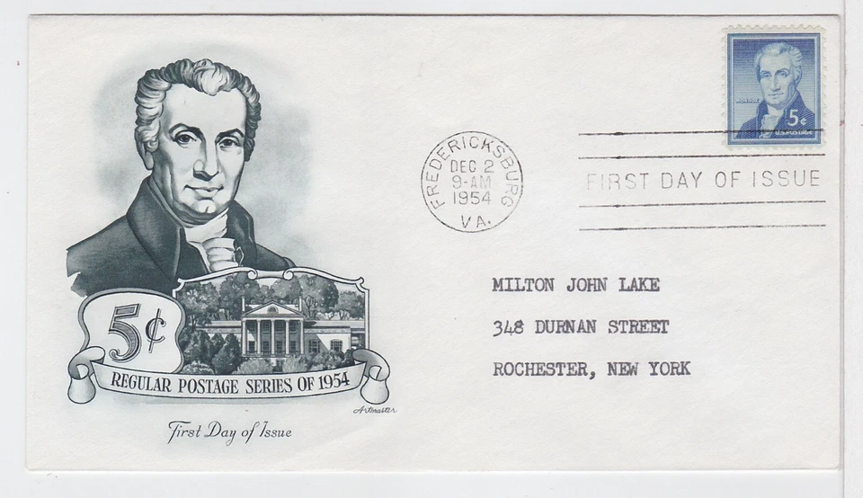 TurtlesTradingPost - James Monroe 5 Cent #1038- 1954 Artmaster Cachet FDC - Image 1 of 1