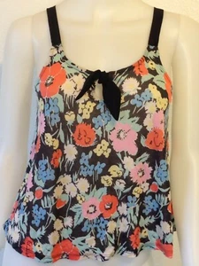 NEW KIMCHI BLUE FLORAL BLACK TANK CROP TOP CHIFFON STRAPS BOHO URBAN RETRO XS - Picture 1 of 5