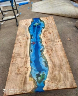 Ocean Blue Epoxy Resin Dining Table Top, Pebbeles Epoxy Office Desk Furniture - Image 1 of 4