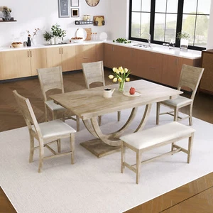 6-Piece Dining Table Set with Upholstered Long Bench and Dining Chairs - Picture 1 of 16