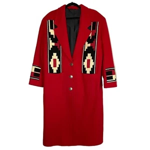 Giacca cappotto lungo vintage Pioneer Wear Southwestern Aztec misto lana rosso taglia M USA - Foto 1 di 21