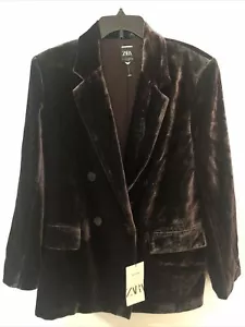 Zara Brown Silk Blend Velvet Double Breasted Blazer Size Small NWT - Picture 1 of 7