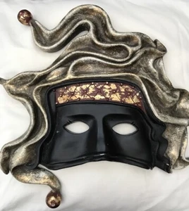 Rare Vintage Hand Painted Venetian Wall Face Mask, Decorative Black Wall Plaque - Picture 1 of 5