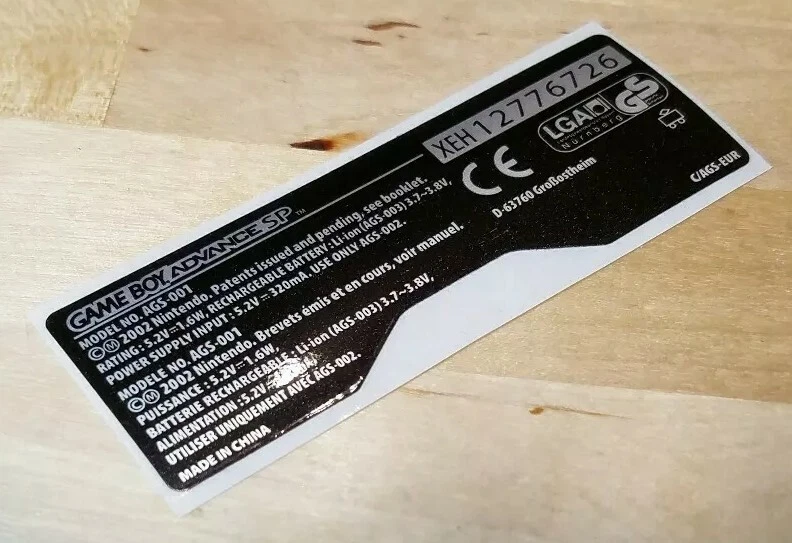 Europeo Nintendo Game Boy Advance GBA Sp AGS-001 Recambio Pegatina Etiqueta - Imagen 1 de 4