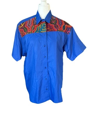 Camisa Mola My Name Is Panama Azul Algodón Bordado Mediana Hecha a Mano Estilo Foto 1 de 4