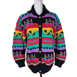 VTG Hand Knit Peruvian Sweater Cardigan L Cotton Colorful Tribal 90s Chunky - Picture 1 of 9