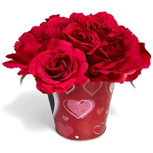 Bouquet di Rosa Rossa Artificiale in Cuori e Amore Secchio di Metallo 8" - Foto 1 di 8