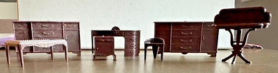 Vintage Plasco Tin Dollhouse Furniture Brown Faux Wood Plastic Renwal Lot of 7 - Image 1 of 4