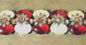 Selro Red AB Rhinestone Floral & Red & Moonstone Cabochon Chunky Vtg Bracelet - Picture 1 of 4