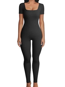 Women Yoga Jumpsuits Workout Ribbed Short Sleeve Square Neck - Size large - Picture 1 of 1