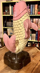 Vintage•Hand Carved•Wooden•Japanese Koi Fish•Rustic Figurine Statue•20” - Picture 1 of 8