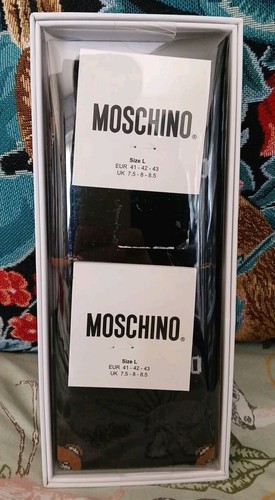 Nuove calze eleganti MOSCHINO uomo nere con logo orsacchiotto 2 paia in scatola UK 7 5 8 5