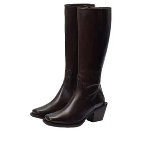 Sam Edelman Tamea Dark Brown Washed Leather Square Toe Stacked Heel Western Boot - Picture 1 of 6