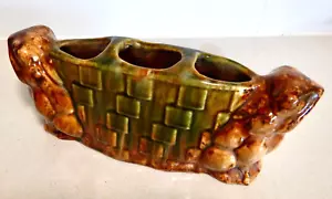 Antique 1950s frogs on brick wall brown & green trough ceramic vase - Picture 1 of 8