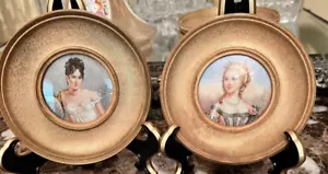 Paar Vintage/antik Frankreich bemaltes Porträt Dame signiert konvex Goldrahmen Miniatur - Bild 1 von 12