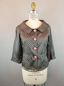 Cynthia Steffe 1950's Style Olive Green Polka Dot Jacket Jeweled Buttons Size 6 - Picture 1 of 12
