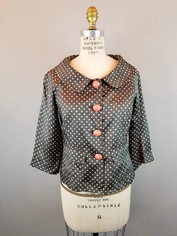Cynthia Steffe 1950's Style Olive Green Polka Dot Jacket Jeweled Buttons Size 6 - Image 1 of 4