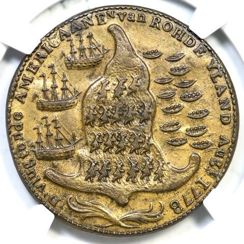 1779 Brass NGC MS 63 Wreath Below Ship Rhode Island Token Cover