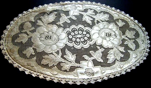 Antique VICTORIAN Doily embroidered floral design with silk  oval beige - Picture 1 of 6