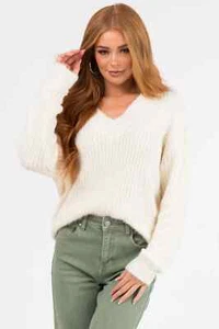 Velvet Women's Long Sleeve Ivory V-Neck 26% Wool Sweater Size M - Picture 1 of 4