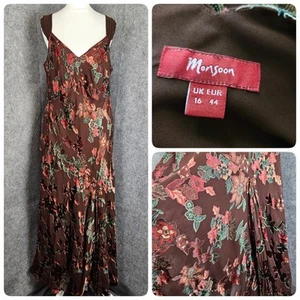 Monsoon Brown Devore Silk Blend Bias Cut Midi Dress Floral UK 14 16 Y2k 90s - Picture 1 of 19