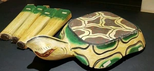 Hand Painted Hand Carved Turtle Themed Side Table/ Plant Stand Made in Indonesia - Picture 1 of 9