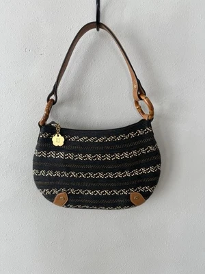 Bolso Cartera Eric Javits Tejido Paja Cuero Correa Cremallera Superior Negro Tostado Marrón Hombro Foto 1 de 4