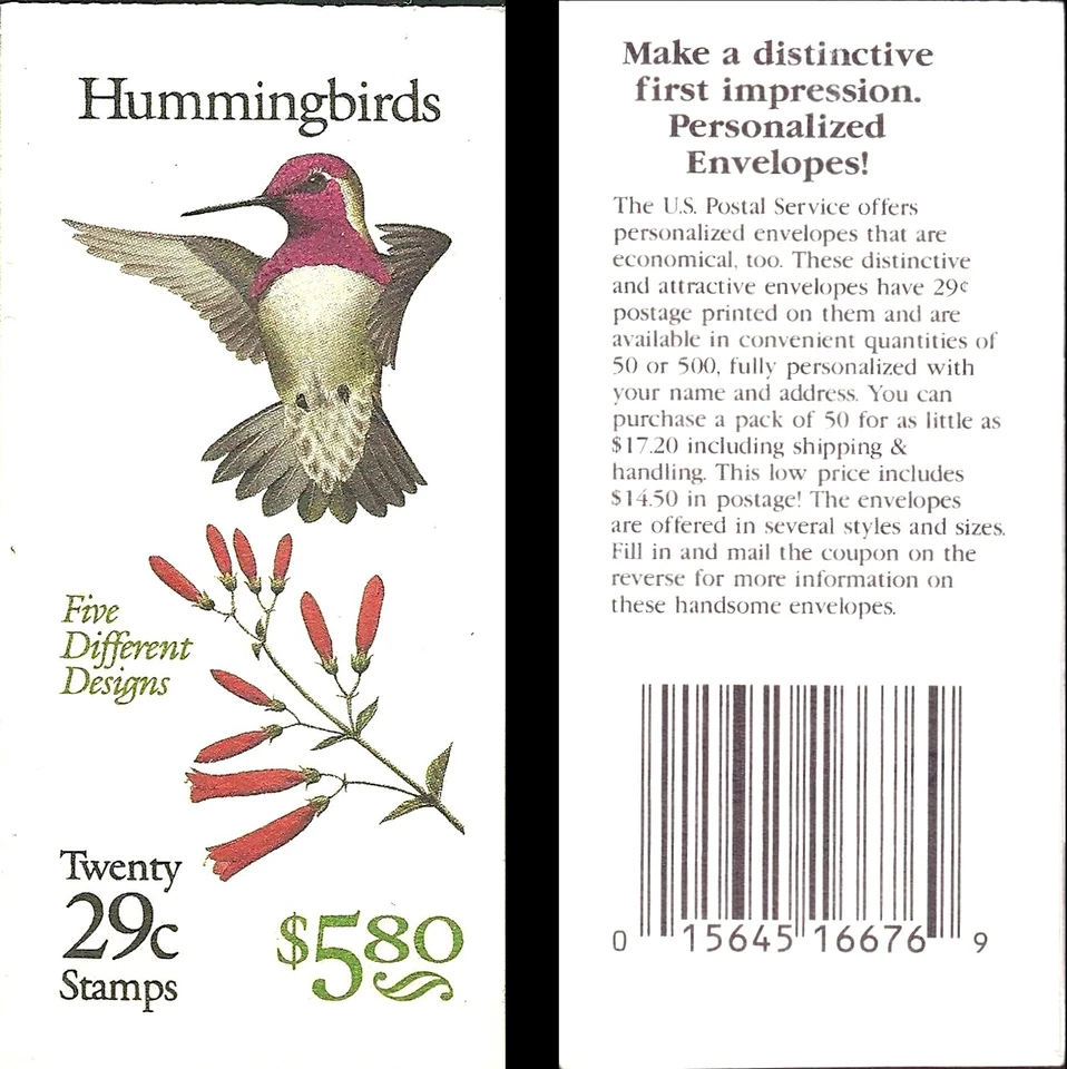 US Hummingbirds 29c Stamp Booklet Pane of 20 Scott #BK201 - Image 1 of 1