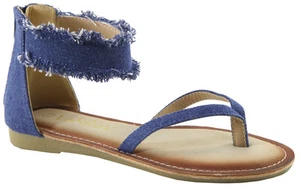 New Frayed Denim Ankle Strap Gladiator Flat Sandal Shoe Flip Flop Thong Open Toe - Picture 1 of 2