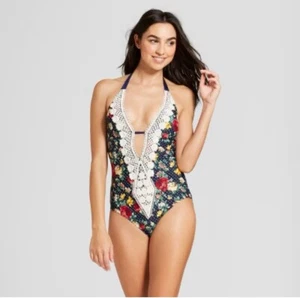 Mossimo Floral One Piece Swimsuit Size Medium Blue Crochet Lace Plunge Halter - Picture 1 of 11
