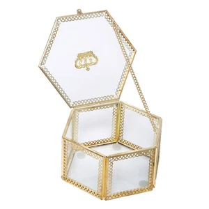 Vintage Glass Jewelry Organizer Box Golden Metal Crown Hexagon Keepsake Box - Picture 1 of 7