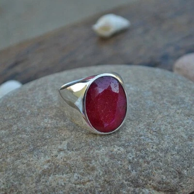 Solid 925 Sterling Silver Natural Ruby Corundum Oval Gemstone Signet Men's Ring - Image 1 of 4