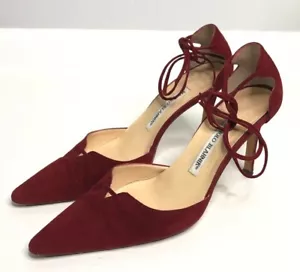 Manolo Blahnik Oxblood Red Suede Ankle Tie Up Heels Size 36.5 Italy - Picture 1 of 10