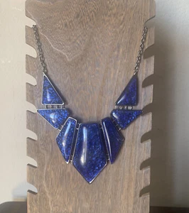 Unique Geometric Art Deco Necklace Bib Chunky Dark Blue Metal & Faux Stone - Picture 1 of 5