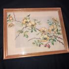 Vintage Framed Needlepoint 15"x12" Oak Wood Frame Yellow Flowering Branch Glass