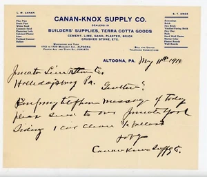 Carta de suministro de constructores 1916 Altoona PA CANAN-KNOX SUPPLY CO. a Juneata Lime & S - Imagen 1 de 2