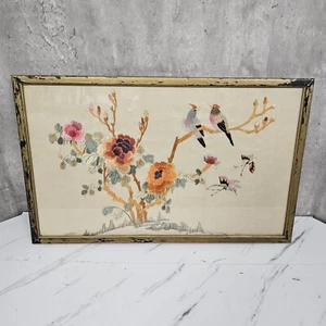 Mid Century Chinese Chinoiserie Framed Silk Embroidery Art Birds Flowers Asian - Picture 1 of 16