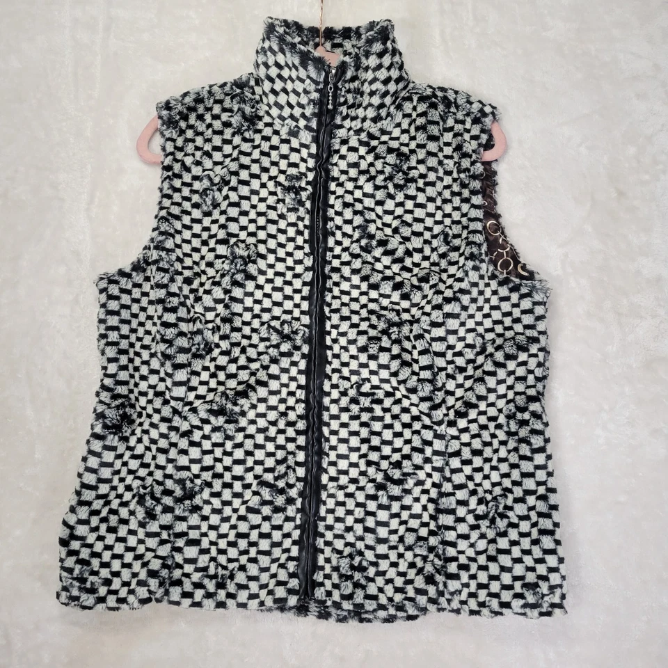 Erin London Med Women's Vest Soft Faux Fur Checkered & Satin Lined w/ Pockets - Image 1 of 4