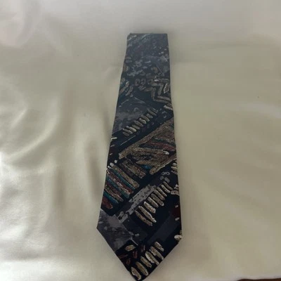 Vintage 90's Surrey Designer Mens Tie Geometric Black Colorful Lines 56"x4" - Image 1 of 4