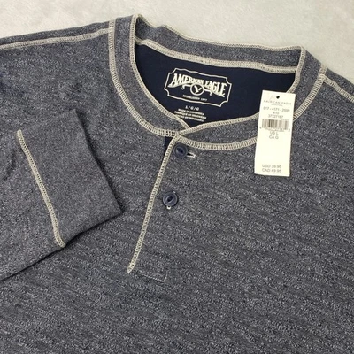 NWT American Eagle Mens L Long Sleeve Henley Shirt Heathered Navy Blue Button - Image 1 of 4