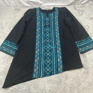 Embroidered Tunic Womens Large Black Blue Asymmetrical Sequin Detail Boho Top - Picture 1 of 13
