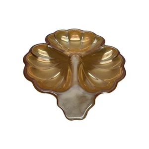 Vintage Jeannette Carnival Glass Doric Three Leaf Clover Dish Marigold Candy - Picture 1 of 6